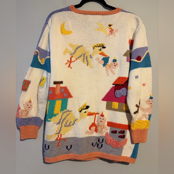 90's Vintage Berek Marta D Hand Knit Baby Stork Sweater - Picture 3 of 7